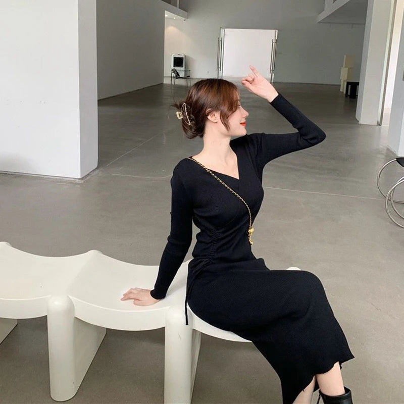 V-Neck Long Sleeve Knitting Dress Bodycon Midi Dress