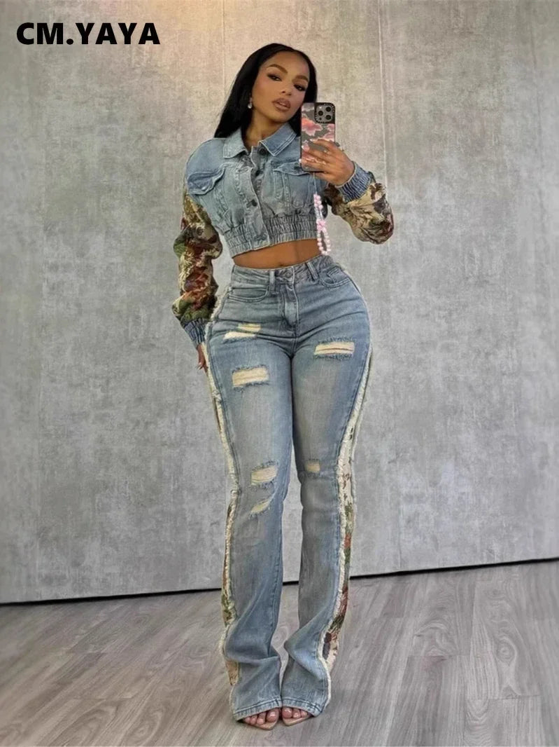 Denim Floral Patchwork Full Sleeve Button Fly Jacket and Ripped Jeans