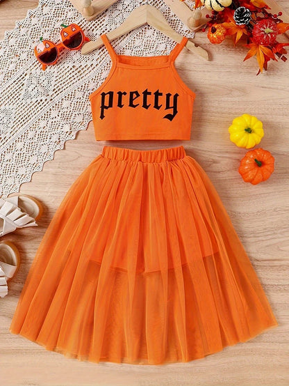 5-14 Years Teenagers Girls Clothing Sets Summer New Cotton Fashion Top + Mesh Skirt Two Piece Set