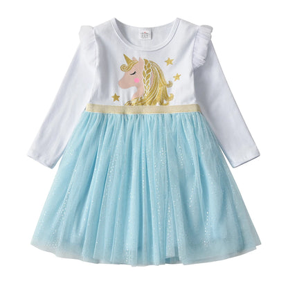 Kids Licorne Cartoon Print Dress Girls Flare Sleeve Autumn Spring Winter Vestidos Girls Princess Mesh Tulle Party Dress