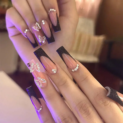 24Pcs Simple Blue French Fake Nails with Diamond Love Pattern Design False Nails Press on Mid-length Ballet Full Cover Nail Tips