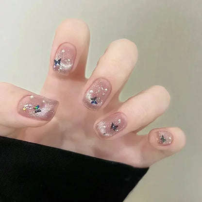 24pcs Black Short Ballet False Nails with Glue French Design Detachable Fake Nails Art Heart Full Cover Press on Nails Tips