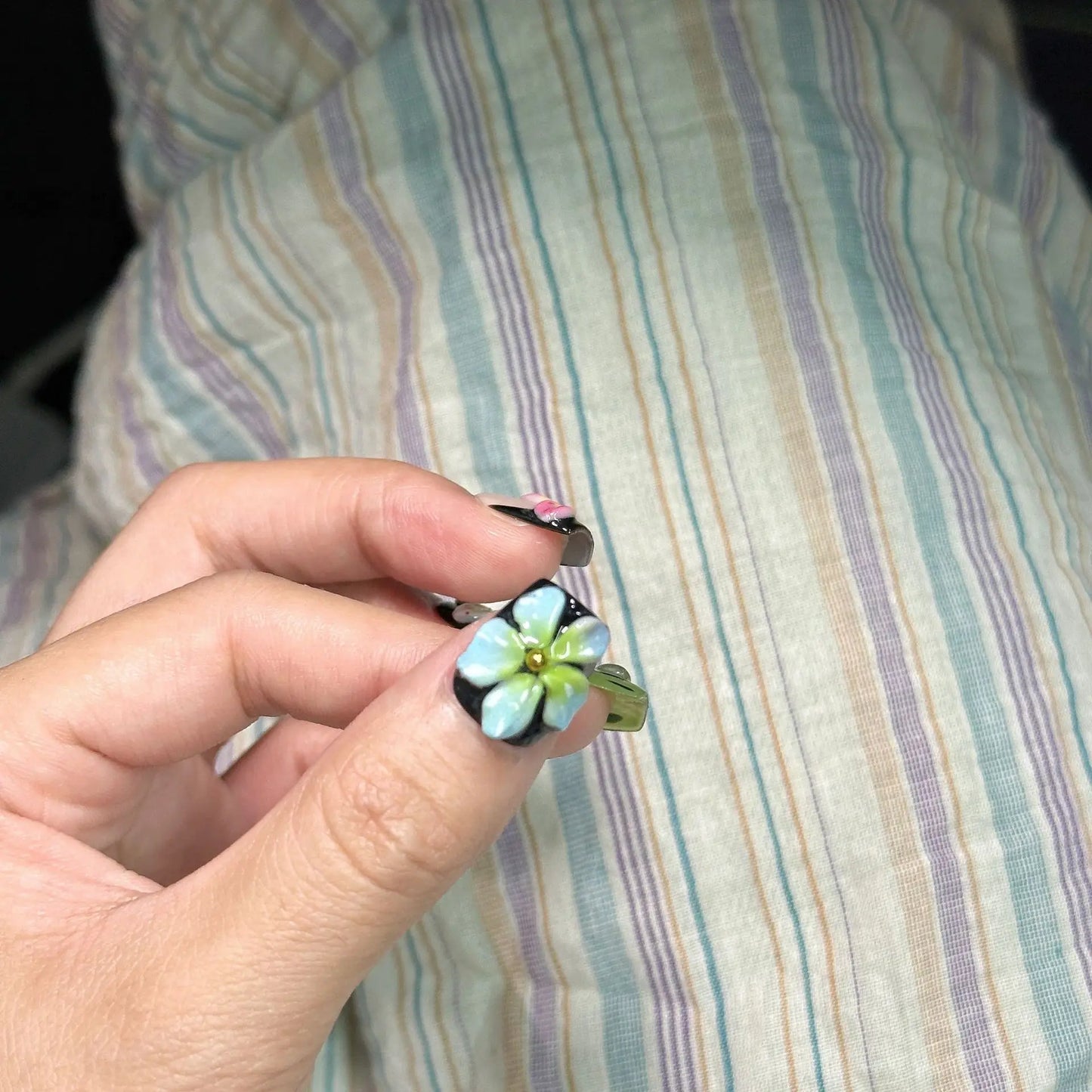 10pcs Black Pink French Style With Hand Painted 3D Flower Designs