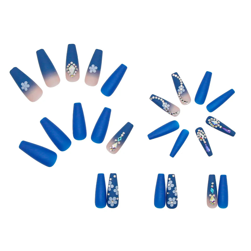 24Ps Super Long Ballet Wearable Fake Nails Blue Diamond Small Flower Press on Nail Stickers Finished Removable False Nail Pieces