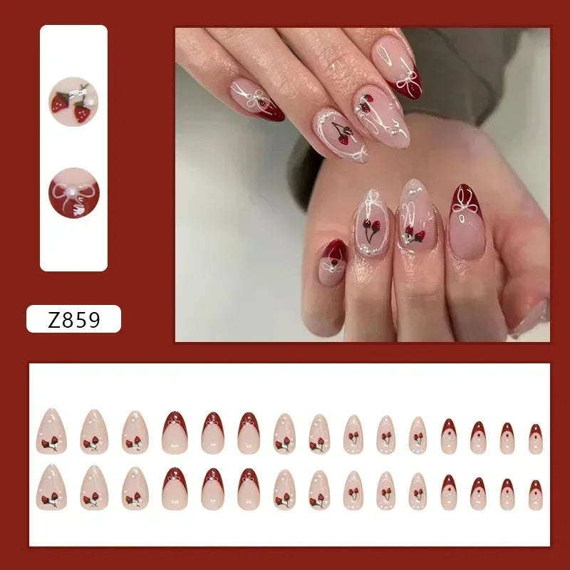 24Pcs Pink Almond French Press on Nails With 3D Bow ripple charms Design Fake Nails Ballerina False Nails Full Cover Nail Tips