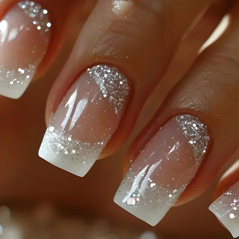 24Pcs Short Square French False Nails with Flower Shiny White Edge Design Pink Glitter Fake Nails Full Cover Press on Nails Tips