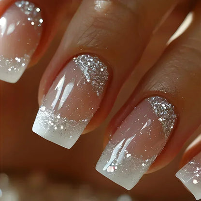 24Pcs Short Square French False Nails with Flower Shiny White Edge Design Pink Glitter Fake Nails Full Cover Press on Nails Tips
