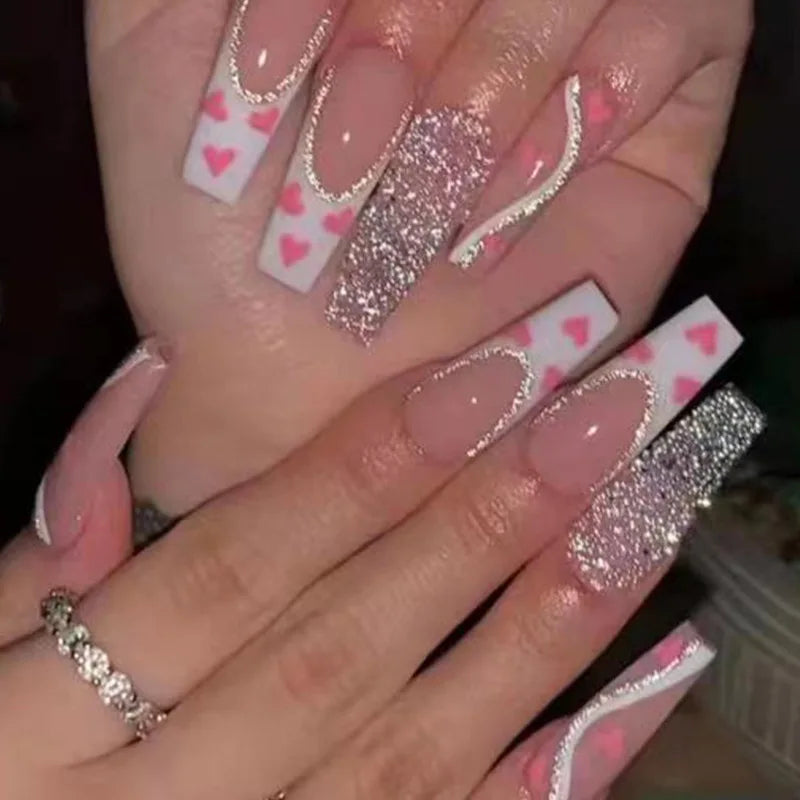 24Ps Super Long Ballet Wearable Fake Nails Blue Diamond Small Flower Press on Nail Stickers Finished Removable False Nail Pieces