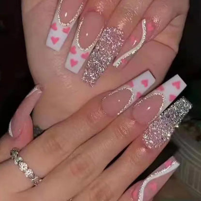 24Ps Super Long Ballet Wearable Fake Nails Blue Diamond Small Flower Press on Nail Stickers Finished Removable False Nail Pieces