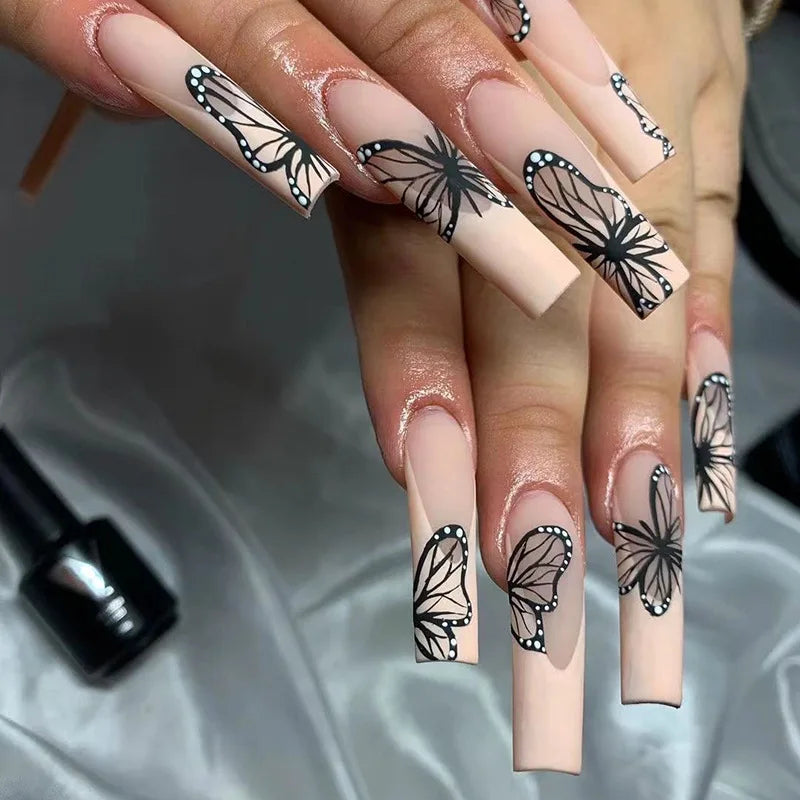 24Ps Super Long Ballet Wearable Fake Nails Blue Diamond Small Flower Press on Nail Stickers Finished Removable False Nail Pieces