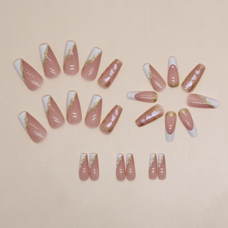 24pcs Coffin False Nails French Glitter Gold foil Fake Nails Full Cover Press on Nails Nail Tips Detachable DIY Long Ballet Nail