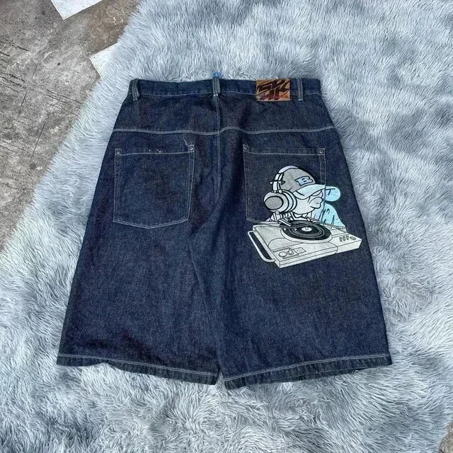 Hip Hop Rhinestones Graphical Baggy Jeans Blue Streetwear Y2k Gothic Shorts