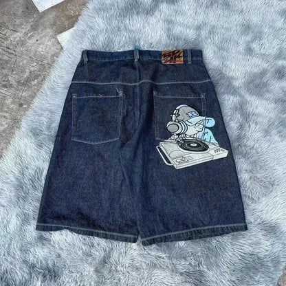 Hip Hop Rhinestones Graphical Baggy Jeans Blue Streetwear Y2k Gothic Shorts