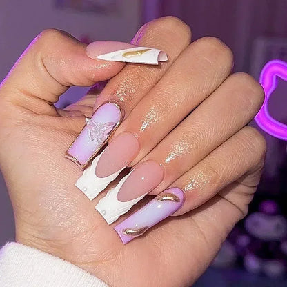 24Pcs Long Ballet Square False Nails Simple French 3d Curve Design Fake Nails Wearable Press on Fake Nails Full Cover Nails Tips
