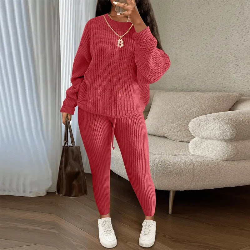 Winter Two Piece Sets Women Clothing Autumn Fashion Casual Solid Round Neck Pullover Loose Pit Knitted Sweater Pants Suits