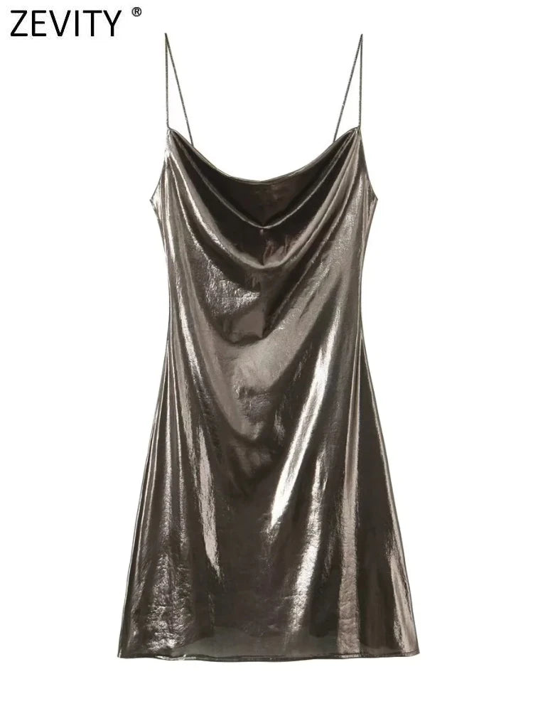 Women Shinning Metallic Color Sling Mini Dress