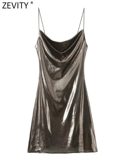 Women Shinning Metallic Color Sling Mini Dress