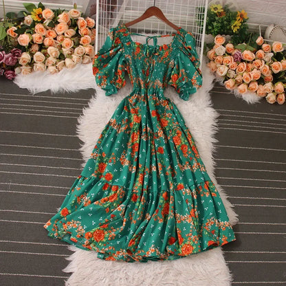Korean Fashion Floral Print 2025 Party Dress Summer Short Puff Sleeve Vacation Women Long Dress Beach Vestidos