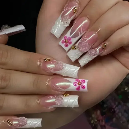 24Pcs Red Heart False Nails Long Luxury with French Design Rhinestone Wearable Fake Nail Simple Decoration Press on Nail Tips
