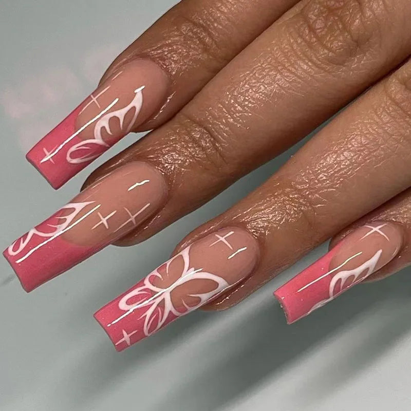 24Ps Super Long Ballet Wearable Fake Nails Blue Diamond Small Flower Press on Nail Stickers Finished Removable False Nail Pieces