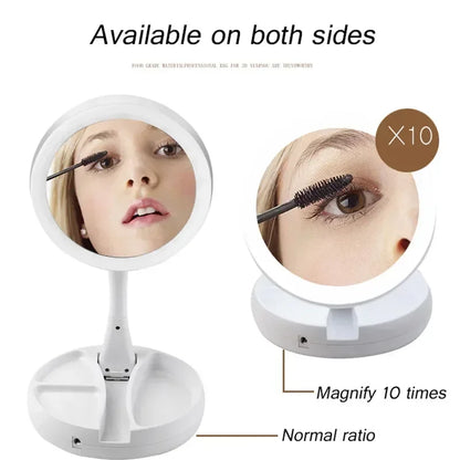 10x Magnifying Makeup Mirror With Light White LED Folding Portable Rotating Double Side Storage Tabletop Batteries USB Charging
