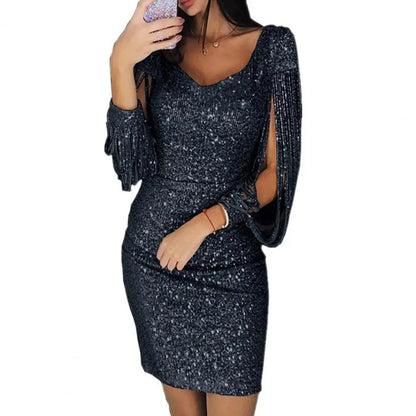 Women Dress Solid Color Long Tassel Sleeves V Neck lady Mini Dress Summer Sequins Glitter Party Slim Fit Dress Female Clothing
