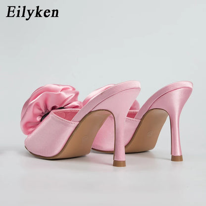 New Style Satin Flowers Women Slippers 2025 Design Mules Slides Shoes Ladies Stiletto High Heels Sandals