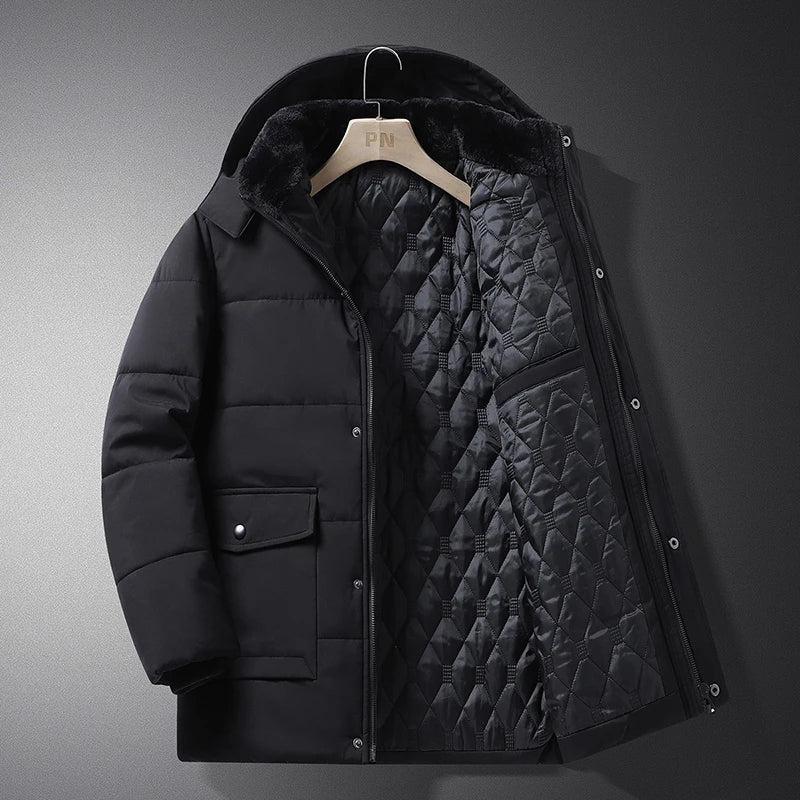 YJKVUR 2024 Winter New Jacket Men Mid-Length Thick Warm Waterproof Hooded Parka Windbreaker Military Fleece Plus Size Coat