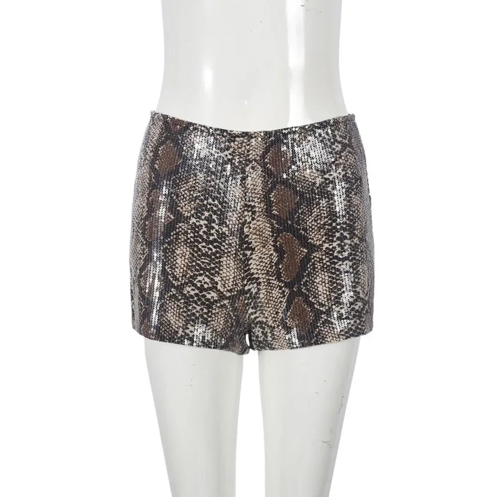 Women Sequined Leopard Print Sexy High Waist Leggings Shorts
