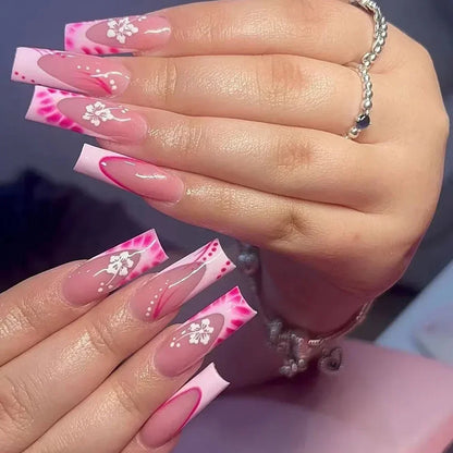24Pcs Red Heart False Nails Long Luxury with French Design Rhinestone Wearable Fake Nail Simple Decoration Press on Nail Tips