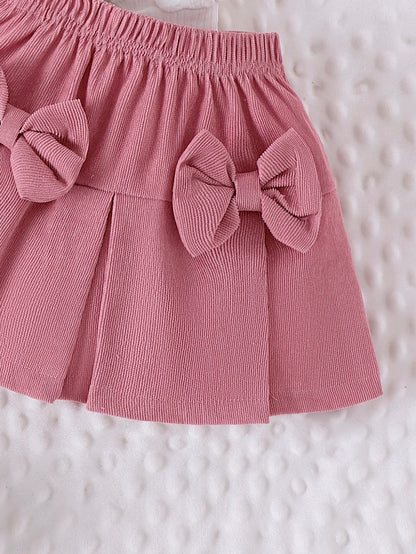 2PCS Winter New Style For 0-3 Year Old Girls, Comfortable Sweet And Cute Bubble Sleeves, Love Chapter Top + Pink Short Skirt Set