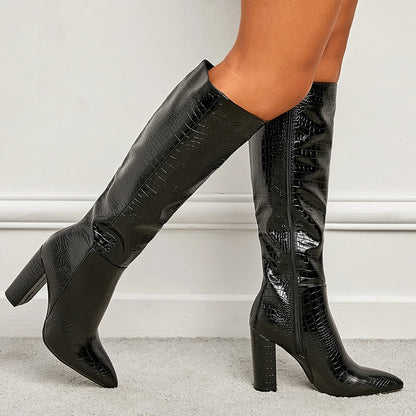 Aneikeh Women's Pointed Thick Heels Knee Long Boots Spring/Autumn Patent Leather Crocodile Pattern Panel Side Zipper Boots