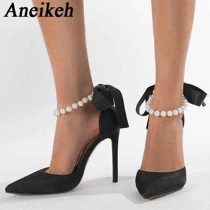 Aneikeh Fashion White String Bead Pointed Bead Strap Sandals Ankle Strap