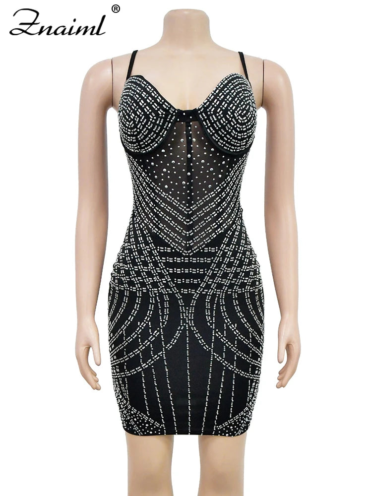Luxury Sparkly Crystal Diamonds Mesh Sheer Spaghetti Strap Bodycon