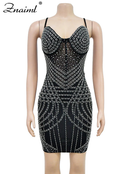 Luxury Sparkly Crystal Diamonds Mesh Sheer Spaghetti Strap Bodycon