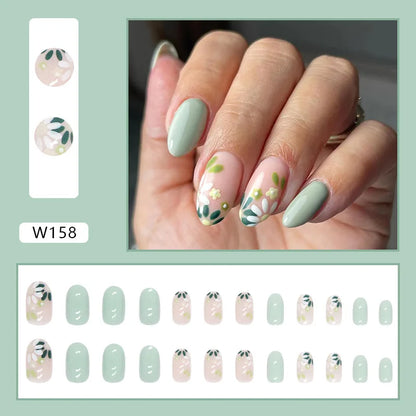 24pcs/Box Ballerina Nail Tip Purple with Design Manicure Patches Fresh Floral Almond False Nails Press on Med Nails Detachable