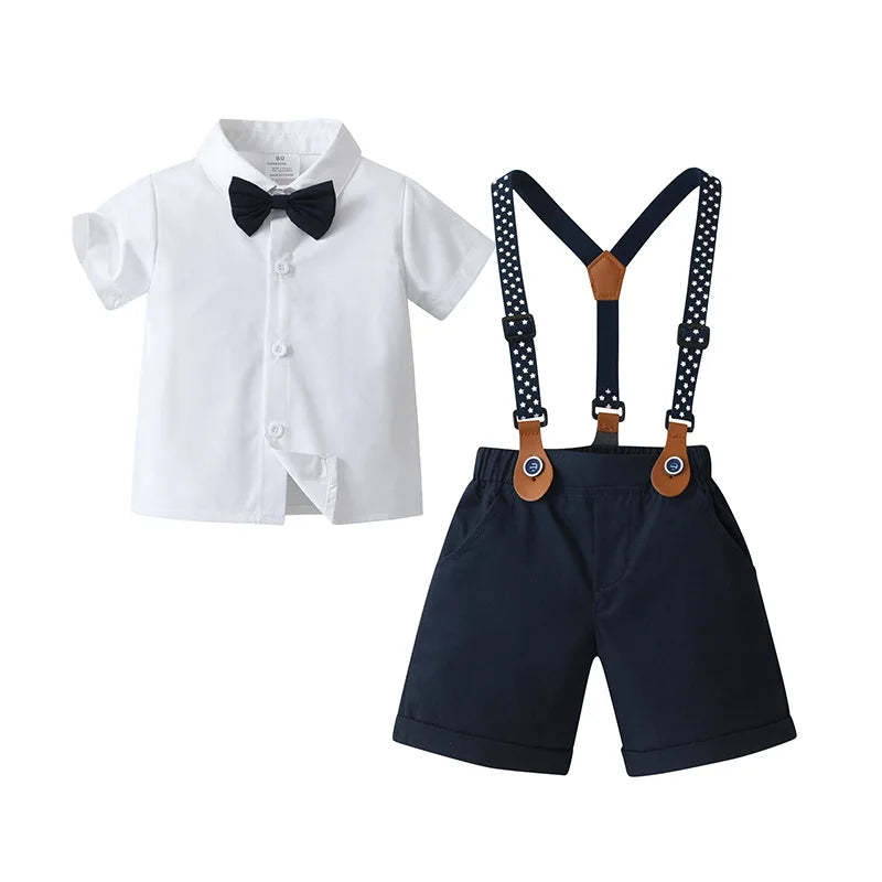 1 2 3 4 5 6 Years Boy Summer Costume Star Print Suspender Set Solid T-shirt Shorts Children Toddler Wedding Suis Kid Cotton Set