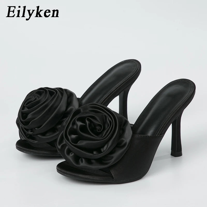 New Style Satin Flowers Women Slippers 2025 Design Mules Slides Shoes Ladies Stiletto High Heels Sandals