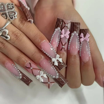 24pcs Artifical Bails With Glue Fake Nail Tips With Design Detachable Press On Nails Long Fake Nail Finished Nail Piece Sticker