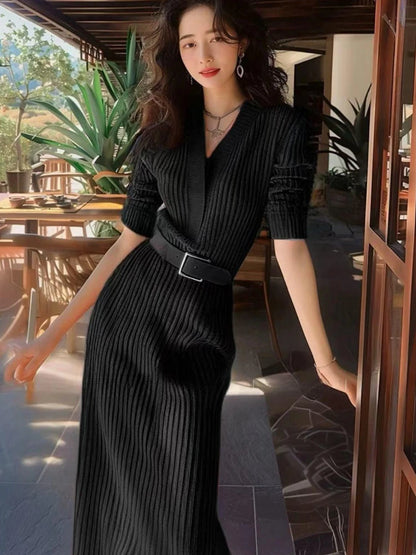 Red Knitted Sweater Dresses for Women V-Neck Long Sleeve Belted Night Club Party Dress Autumn