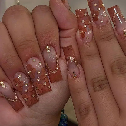 24Pcs False Nails Long Coffin Ballet French with Rhinestones Wearable Fake Nails Blue Flower Full Cover Press on Nails Tips Art