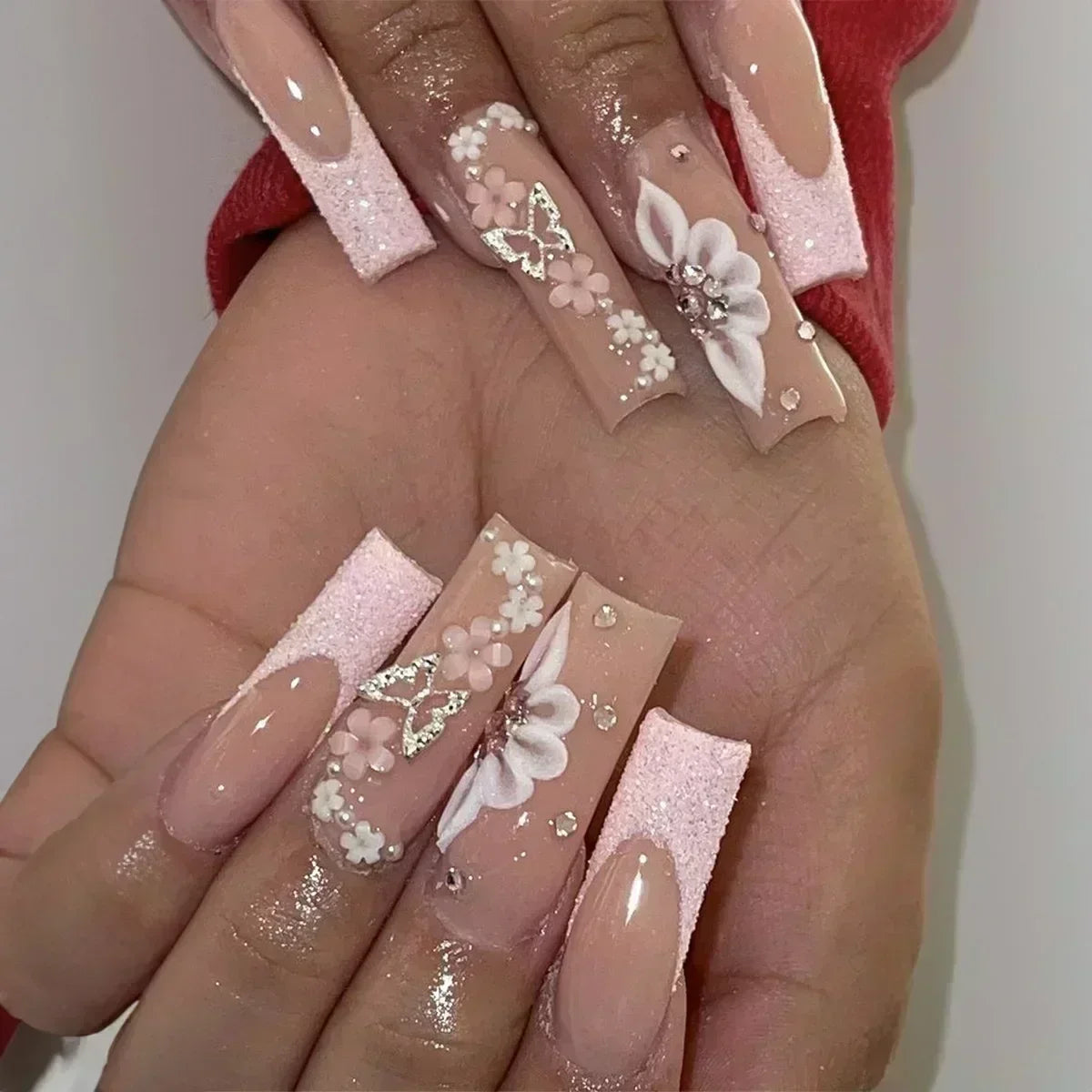 24Pcs Long Ballerina False Nails Press on Nails Serpentine Flower with Rhinestones French Fake Nails Wearable White Nail Tips