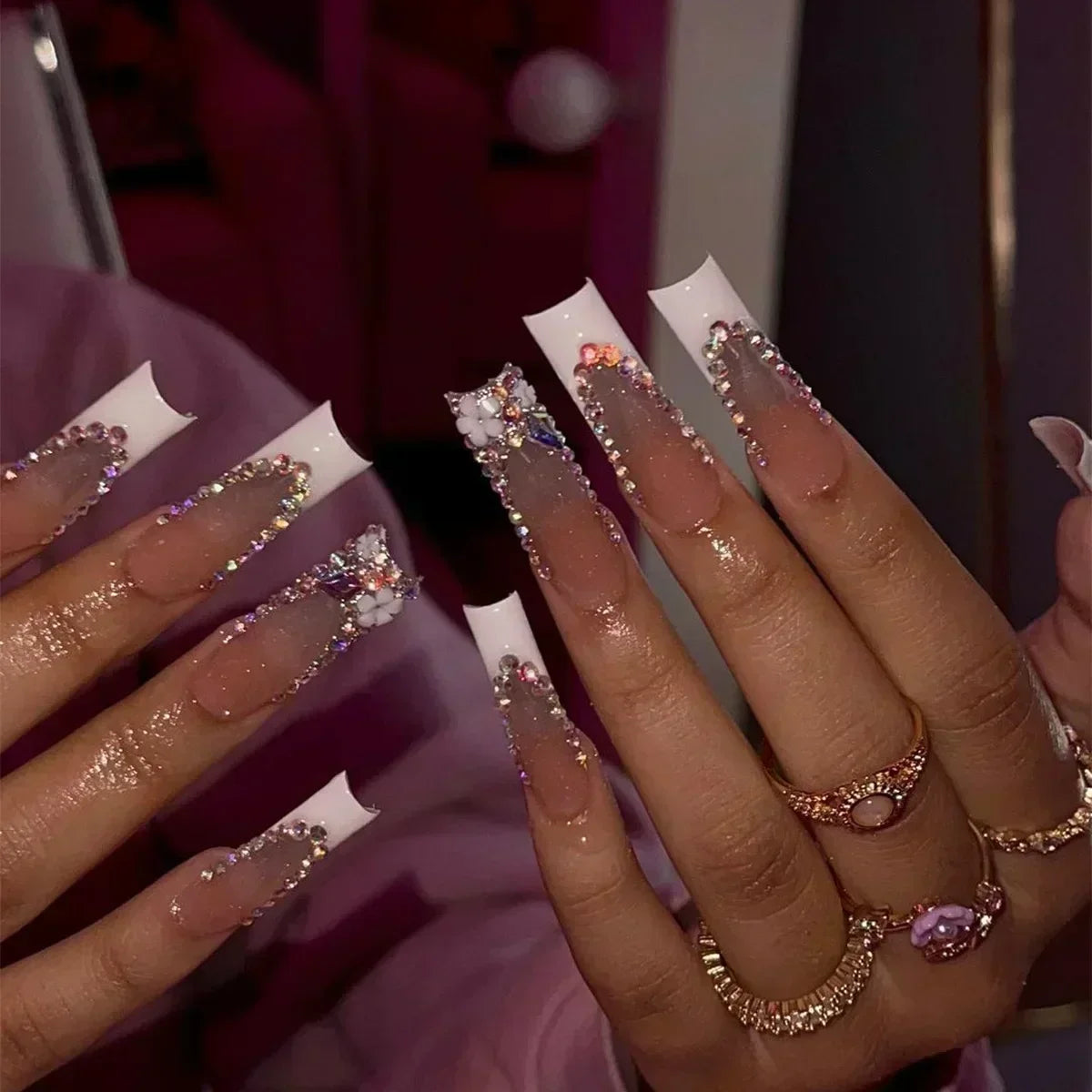 24Pcs False Nails Long Coffin Ballet French with Rhinestones Wearable Fake Nails Blue Flower Full Cover Press on Nails Tips Art