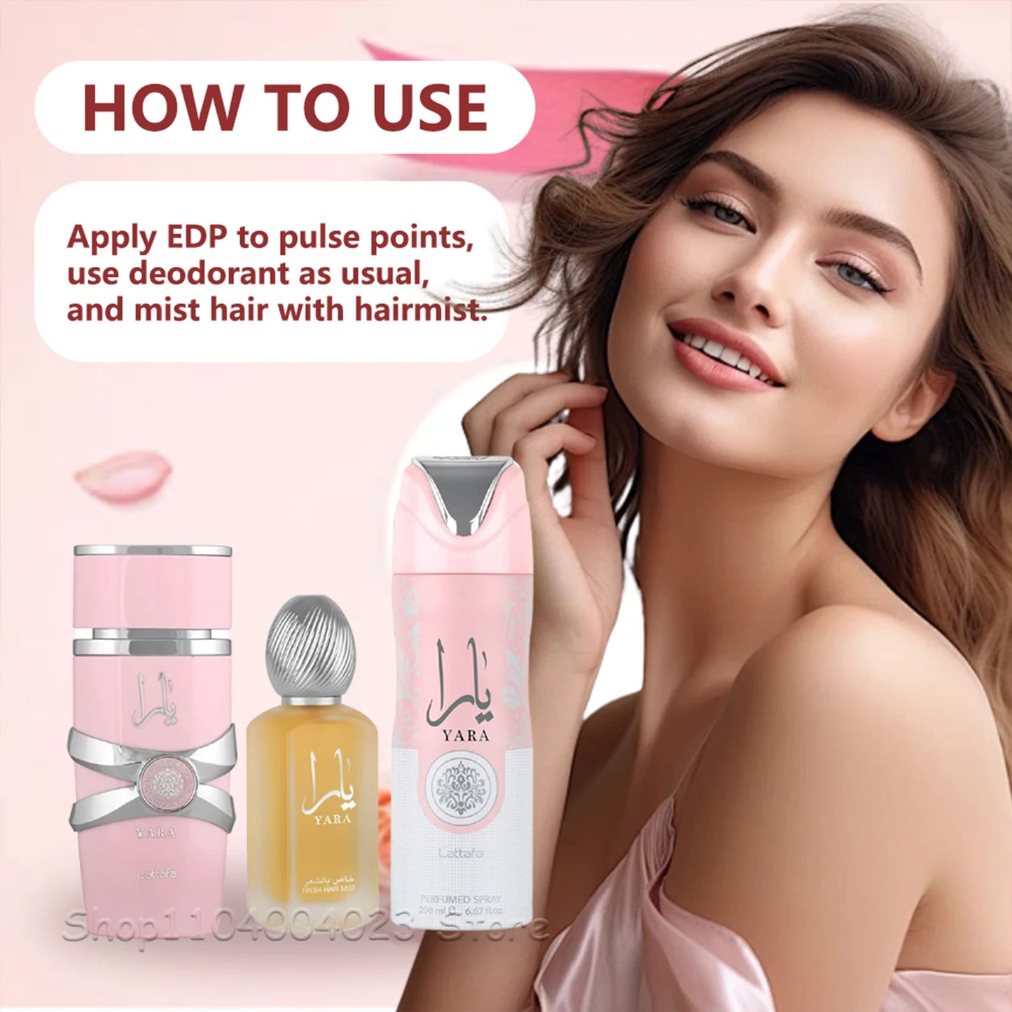 Lattafa Yara For Women 3Piece Set 3.4 Oz Eau de Parfum Spray + 1.7 Oz Hair Mist + 6.7 Oz Deodorant Spray Sweet Pheromone Perfume