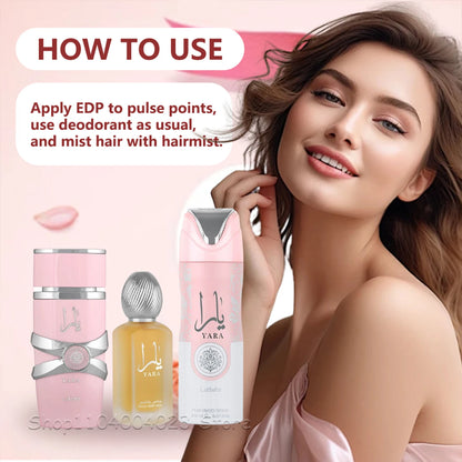 Lattafa Yara For Women 3Piece Set 3.4 Oz Eau de Parfum Spray + 1.7 Oz Hair Mist + 6.7 Oz Deodorant Spray Sweet Pheromone Perfume