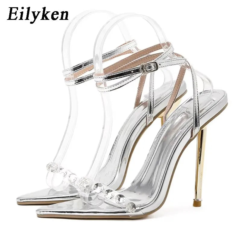 Eilyken Crystal Sexy Women Sandals Metal High Heels Ankle Buckle Strap Gladiator