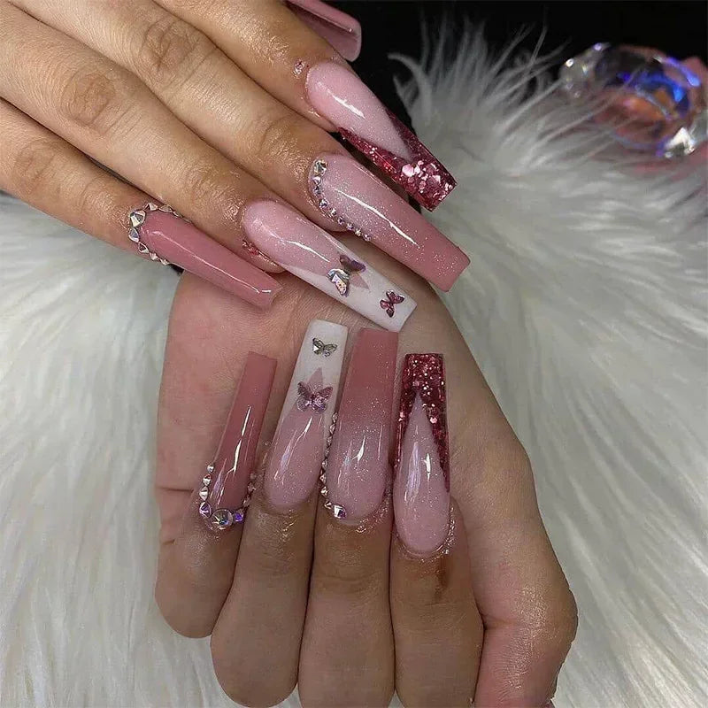 24Pcs Gradient Long Coffin False Nails with Green Rhinestones Design Black Square French Full Cover Press on Nail Tips for Girls