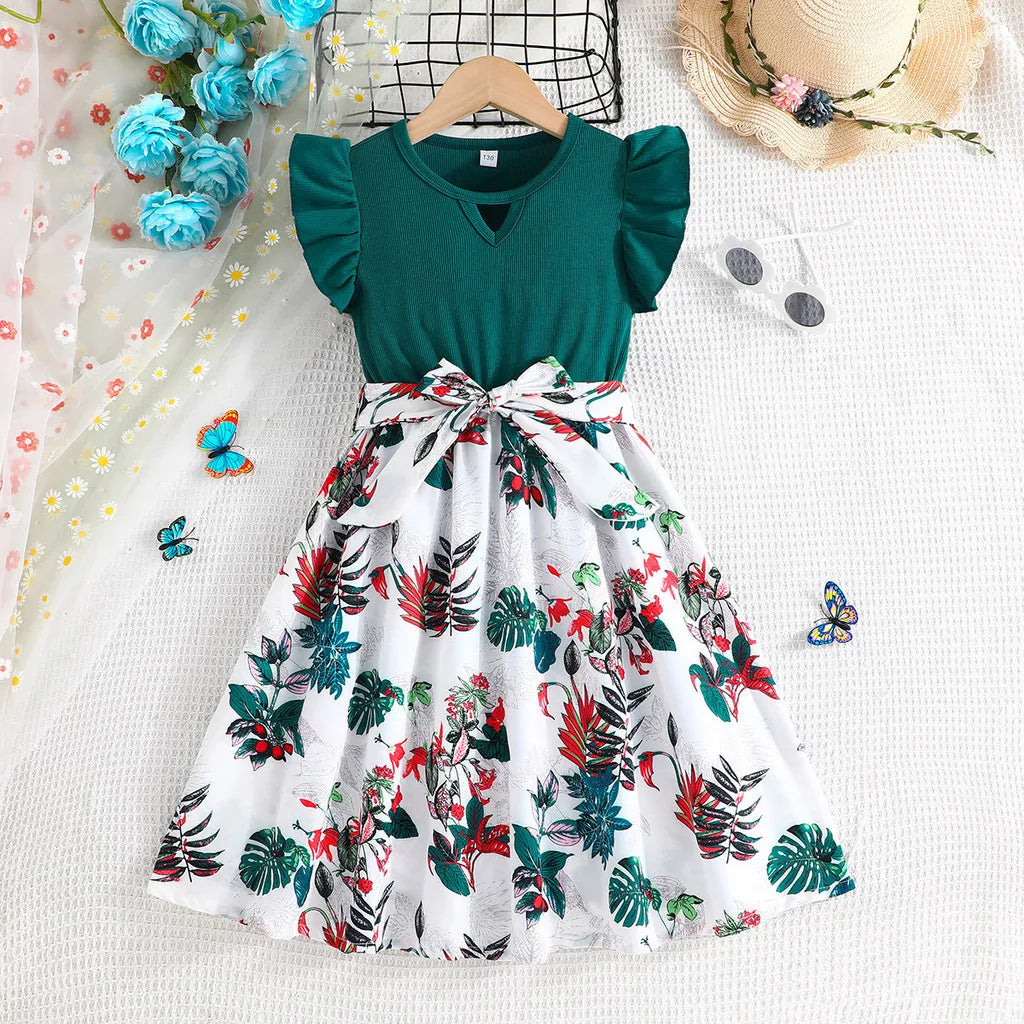 Dress For Kids 7-12 Years old Birthday Emerald Green Ruffled Sleeveless Floral Princess Dresses