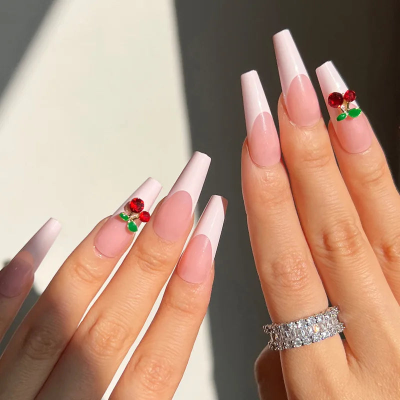 24Ps Super Long Ballet Wearable Fake Nails Blue Diamond Small Flower Press on Nail Stickers Finished Removable False Nail Pieces