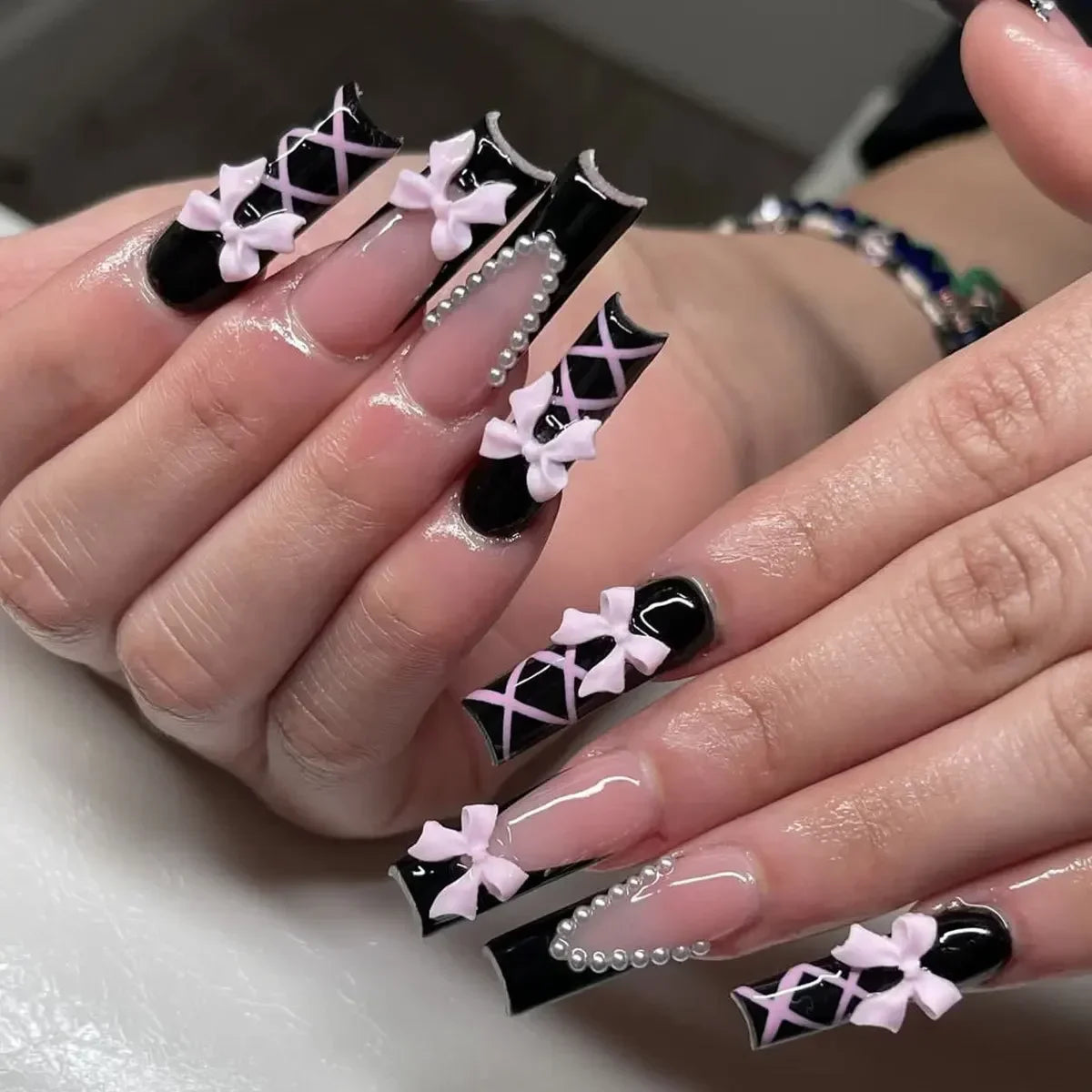 24Pcs Long Ballet False Nails Pink Butterfly with Rhinestones French Design Wearable Fake Nails Glitter Press on Nails Tips Art